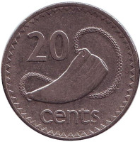 Культовый атрибут Tabua (зуб кита) на плетеном шнурке. Монета 20 центов. 1992 год, Фиджи.