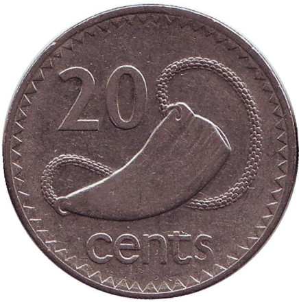 Монета 20 центов. 1992 год, Фиджи. Культовый атрибут Tabua (зуб кита) на плетеном шнурке.