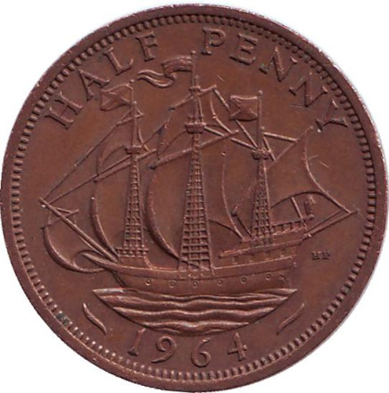 Монета 1/2 пенни. 1964 год, Великобритания. "Золотая лань".