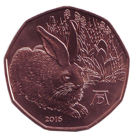 Монета 5 евро. 2016 год, Австрия. Заяц. Рисунок Альбрехта Дюрера.