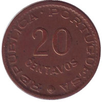 Монета 20 сентаво. 1961 год, Мозамбик в составе Португалии.