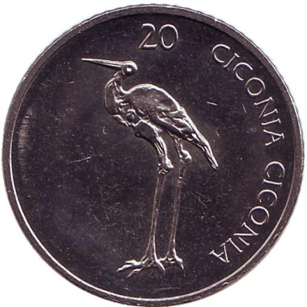 Монета 20 толаров. 2006 год, Словения. UNC. Белый аист.