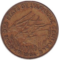 Африканские антилопы. (Западные канны). Монета 5 франков. 1984 год, Центральные Африканские штаты.