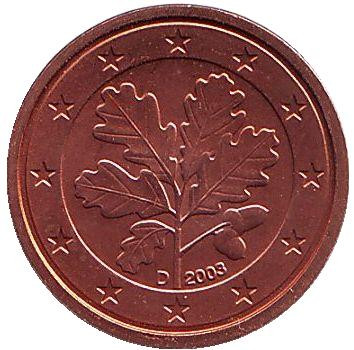 Монета 1 цент. 2003 год (D), Германия.