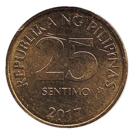 Монета 25 сентимо. 2017 год, Филиппины. Старый тип.