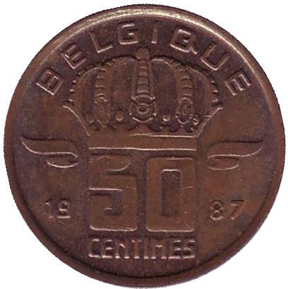 Монета 50 сантимов. 1987 год, Бельгия. (Belgique)