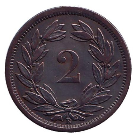 Монета 2 раппена. 1886 год, Швейцария.
