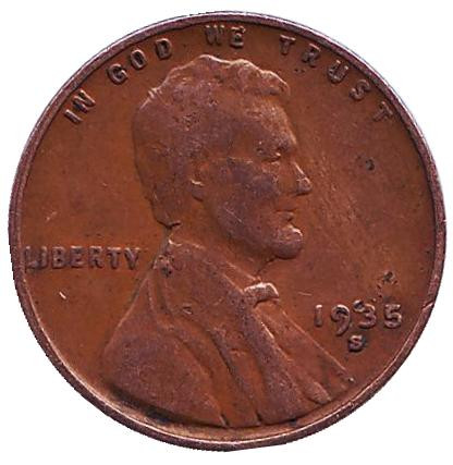 Монета 1 цент. 1935 год (S), США. Линкольн.