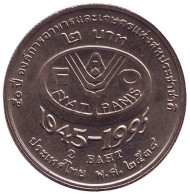 Монета 2 бата. 1995 год, Таиланд. FAO. ФАО. 50 лет продовольственной программе ООН. Монета 2 бата. 1995 год, Таиланд. FAO. ФАО. 50 лет продовольственной программе ООН.