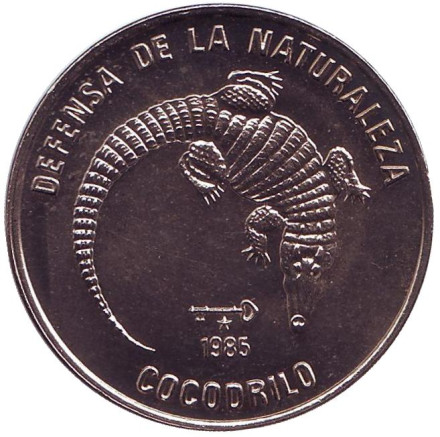 Монета 1 песо. 1985 год, Куба. Кубинский крокодил. Природный заповедник.