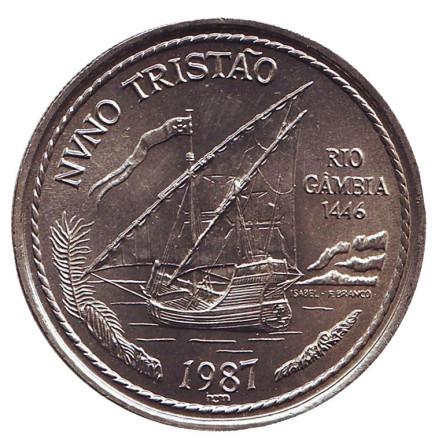 Монета 100 эскудо. 1987 год, Португалия. Золотой век португальских открытий. Мореплаватель Нуну Триштан.