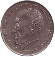 Монета 2 марки. 1969 год (D), ФРГ. Конрад Аденауэр. Монета 2 марки. 1969 год (D), ФРГ. Конрад Аденауэр.