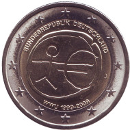 Монета 2 евро, 2009 год, Германия. 10 лет Экономическому и валютному союзу. Монета 2 евро, 2009 год, Германия. 10 лет Экономическому и валютному союзу.