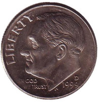 Рузвельт. Монета 10 центов. 1999 (D) год, США.