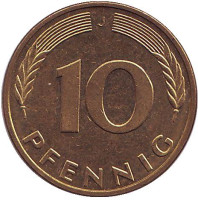 Дубовые листья. Монета 10 пфеннигов. 1996 год (J), ФРГ.