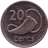 Культовый атрибут Tabua (зуб кита) на плетеном шнурке. Монета 20 центов. 1995 год, Фиджи.