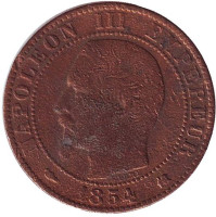 Наполеон III. Монета 5 сантимов. 1854 год (K), Франция.