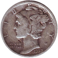 Меркурий. Монета 10 центов. 1923 год, США. Без обозначения монетного двора.