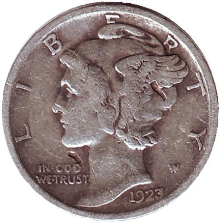 Монета 10 центов. 1923 год, США. Без обозначения монетного двора. Меркурий.