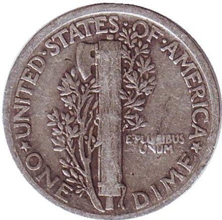 Монета 10 центов. 1923 год, США. Без обозначения монетного двора. Меркурий. Монета 10 центов. 1923 год, США. Без обозначения монетного двора. Меркурий.