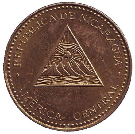 Монета 25 сентаво. 2014 год, Никарагуа. Из обращения. Горы-вулканы.