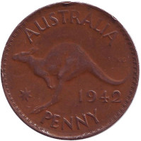 Кенгуру. Монета 1 пенни. 1942 год, Австралия. (Точка после "PENNY")