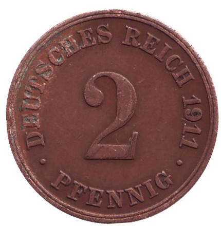 Монета 2 пфеннига. 1911 год (D), Германская империя.