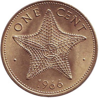 Морская звезда. Монета 1 цент. 1966 год, Багамские острова. UNC.