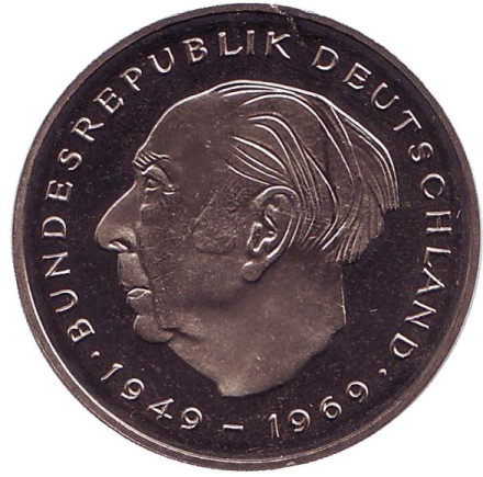 Монета 2 марки. 1983 год (J), ФРГ. UNC. Теодор Хойс.