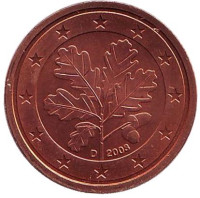 Монета 2 цента. 2003 год (D), Германия.