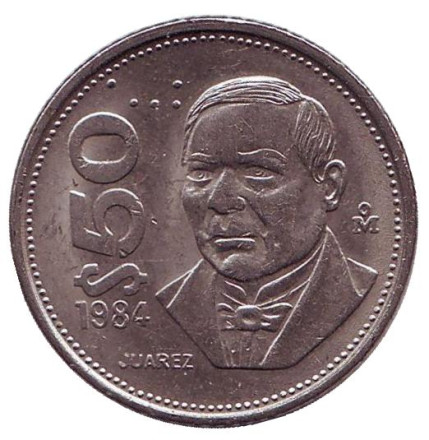 Монета 50 песо. 1984 год, Мексика. aUNC. Бенито Хуарес.