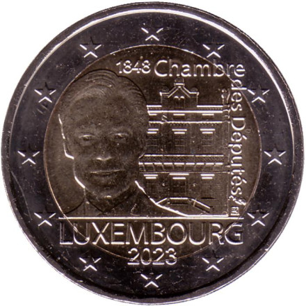 Монета 2 евро. 2023 год, Люксембург. 175 лет Палате депутатов и Первой Конституции.