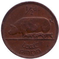 Свинья. Монета 1/2 пенни, 1943 год, Ирландия.