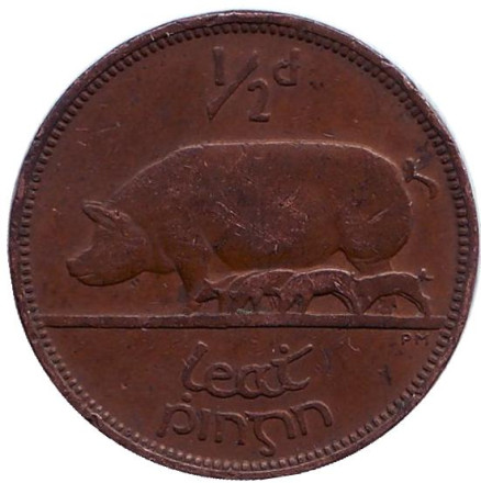 Монета 1/2 пенни, 1943 год, Ирландия. Свинья.