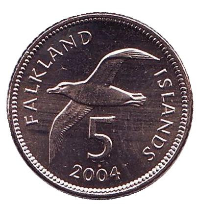Монета 5 пенсов. 2004 год, Фолклендские острова. UNC. Чернобровый альбатрос.
