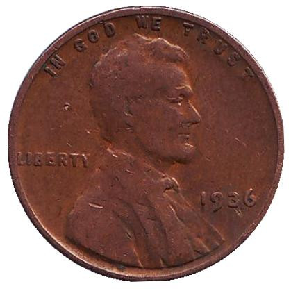 Монета 1 цент. 1936 год, США. (Без отметки монетного двора) Линкольн.
