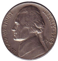 Монета 5 центов. 1964 год (D), США. Джефферсон. Монтичелло. Монета 5 центов. 1964 год (D), США. Джефферсон. Монтичелло.