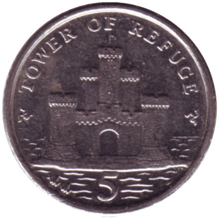 Монета 5 пенсов. 2008 год, Остров Мэн. Защитная башня.