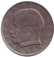 Монета 2 марки. 1963 год (G), ФРГ. Макс Планк. Монета 2 марки. 1963 год (G), ФРГ. Макс Планк.