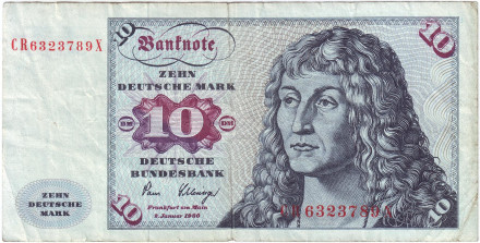 Банкнота 10 марок. 1980 год, ФРГ. Портрет молодого человека. Барк "Горх Фох".