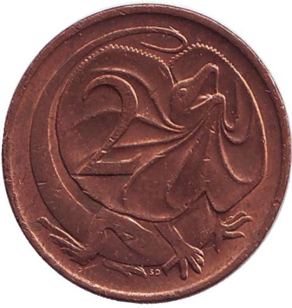 Монета 2 цента. 1983 год, Австралия. Плащеносная ящерица.