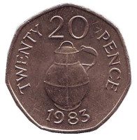 Бидон для молока. Монета 20 пенсов. 1983 год, Гернси.