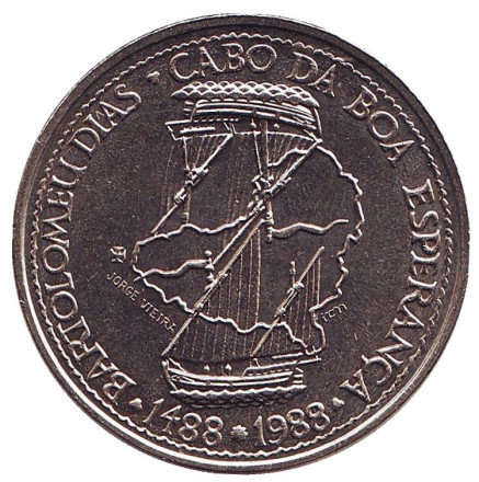 Монета 100 эскудо. 1988 год, Португалия. Золотой век португальских открытий. Мореплаватель Бартоломеу Диаш.