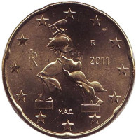Монета 20 центов, 2011 год, Италия. 