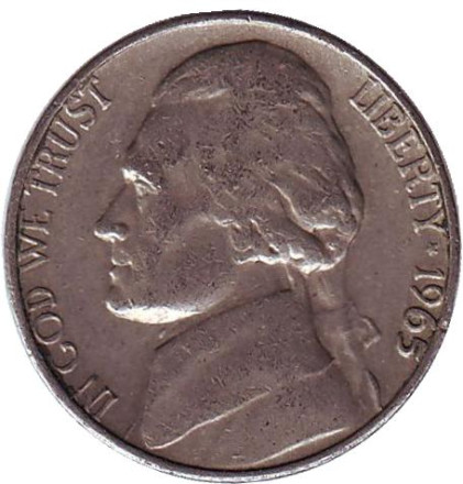 Монета 5 центов. 1965 год, США. Джефферсон. Монтичелло.