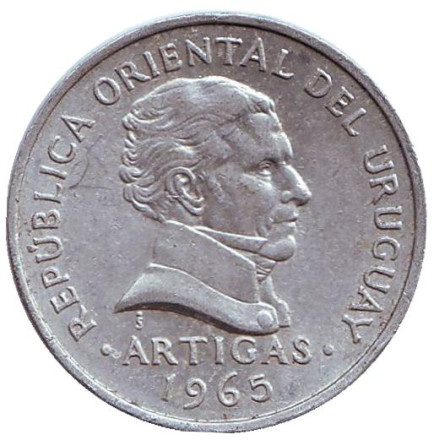 Монета 50 сентесимо. 1965 год, Уругвай. Из обращения. Хосе Артигас.