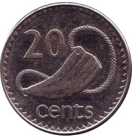 Культовый атрибут Tabua (зуб кита) на плетеном шнурке. Монета 20 центов. 2000 год, Фиджи.