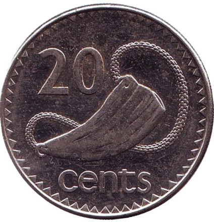 Монета 20 центов. 2000 год, Фиджи. Культовый атрибут Tabua (зуб кита) на плетеном шнурке.
