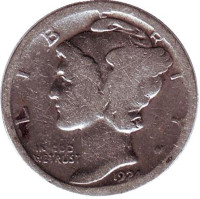 Меркурий. Монета 10 центов. 1924 год, США. Без обозначения монетного двора.
