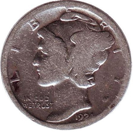Монета 10 центов. 1924 год, США. Без обозначения монетного двора. Меркурий.